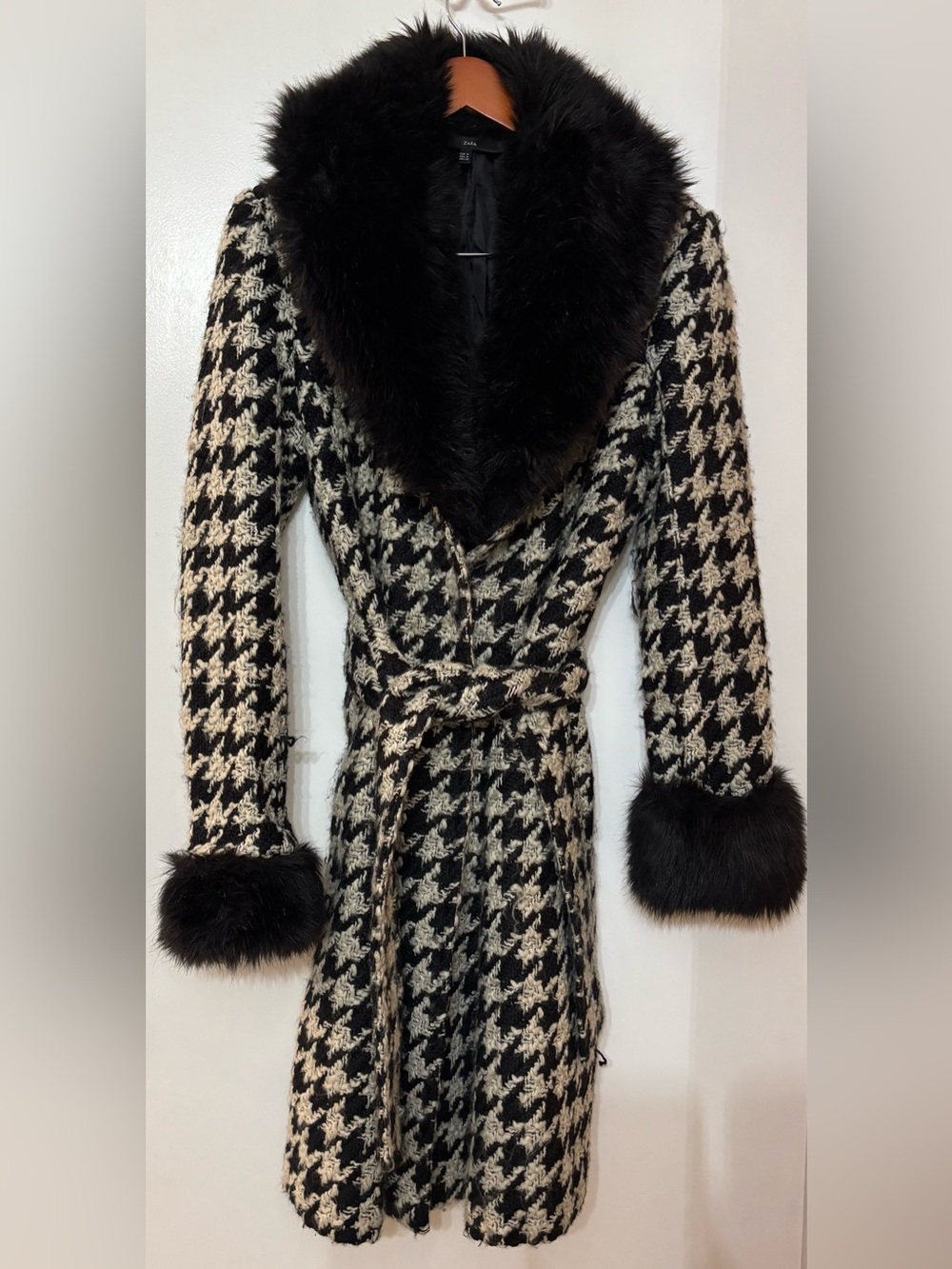 Zara Tweed Textured Houndstooth Fur Collar Penny Lane Belted Coat Medium